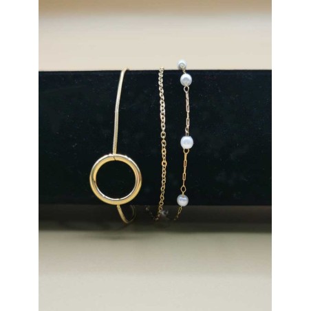 Bracelet Triple Chaînes Anneau et Perles