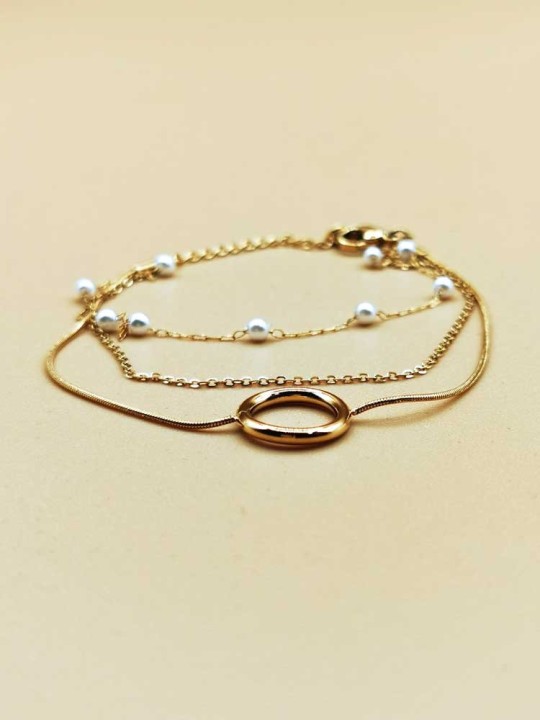 Bracelet Triple Chaînes Anneau et Perles
