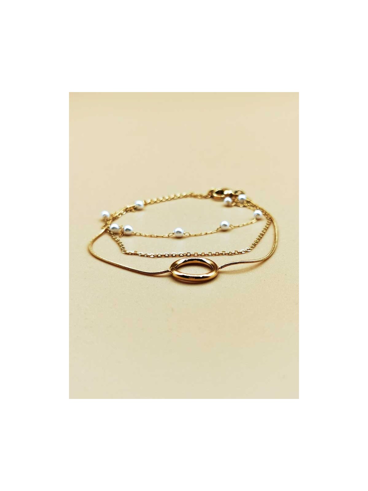 Bracelet Triple Chaînes Anneau et Perles